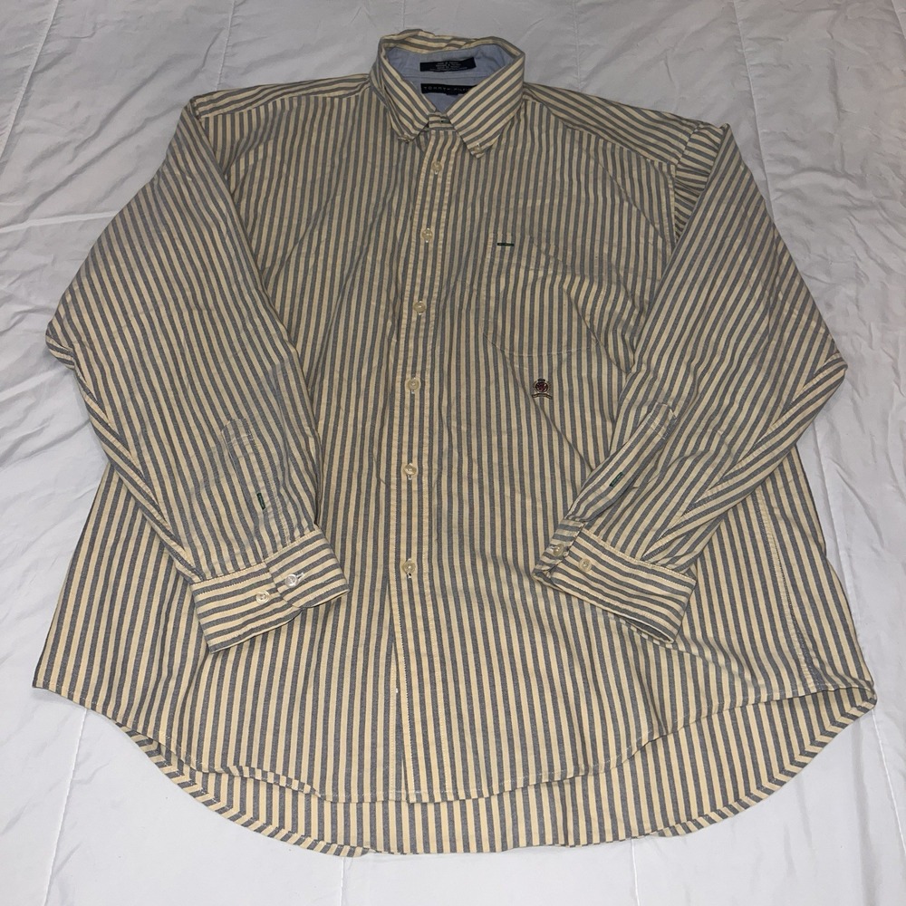 VTG 90s Tommy Hilfiger Long Sleeve Button Up Shirt Yellow Navy Blue Stripes XL